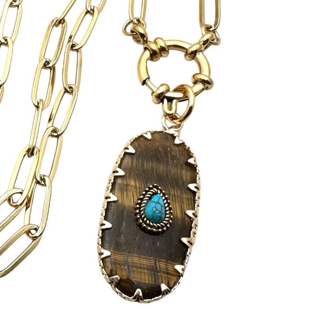 Tigers Eye Turquoise Gemstone Pendant Necklace 18K Gold Plated Chain 17 Inch